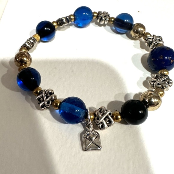 Blue Lapis Stone$⬇️💗 Bracelet W/Gld speckled Lapis,Blue Beach Glass, SS heart😊 - Picture 4 of 5
